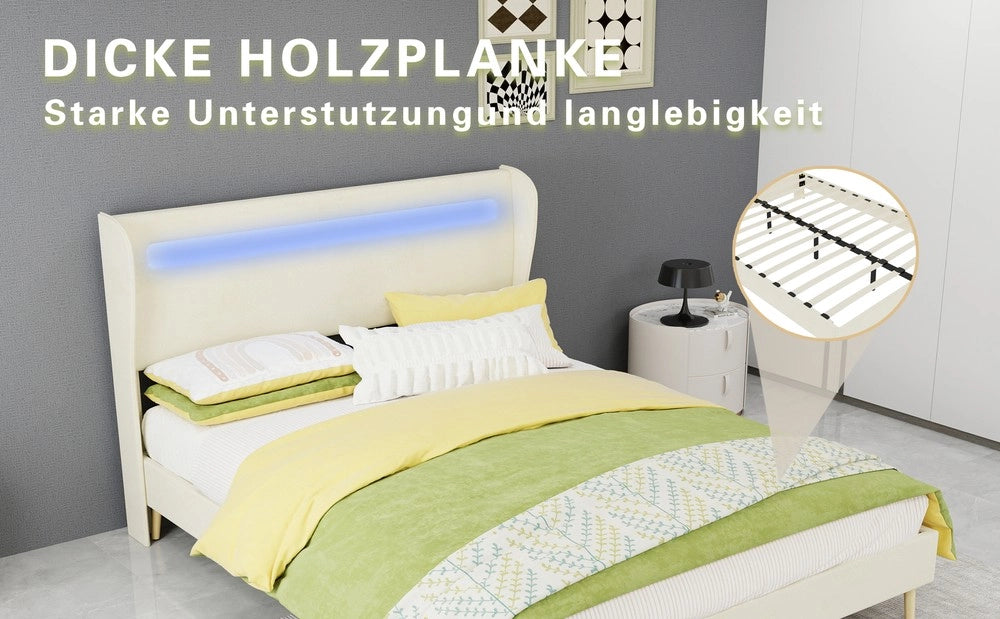 Letto imbottito con testiera LED ¨C Minimal ¨C 140x200 cm beige con materasso