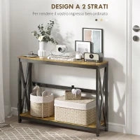 Consolle da Ingresso Stile Industriale con Prese di Corrente e USB, Legno e Acciaio, 100x24x75cm, Marrone