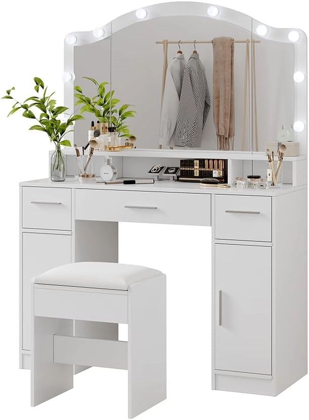 Tavolo da toilette Lumira, Bianco, 110 cm con specchio LED e sgabello, con controllo touch e seduta regolabile in altezza