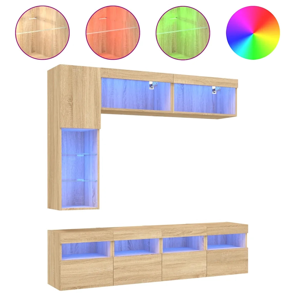 Set Mobili TV a Muro 7 pz-Credenza per TV con Luci LED Rovere Sonoma