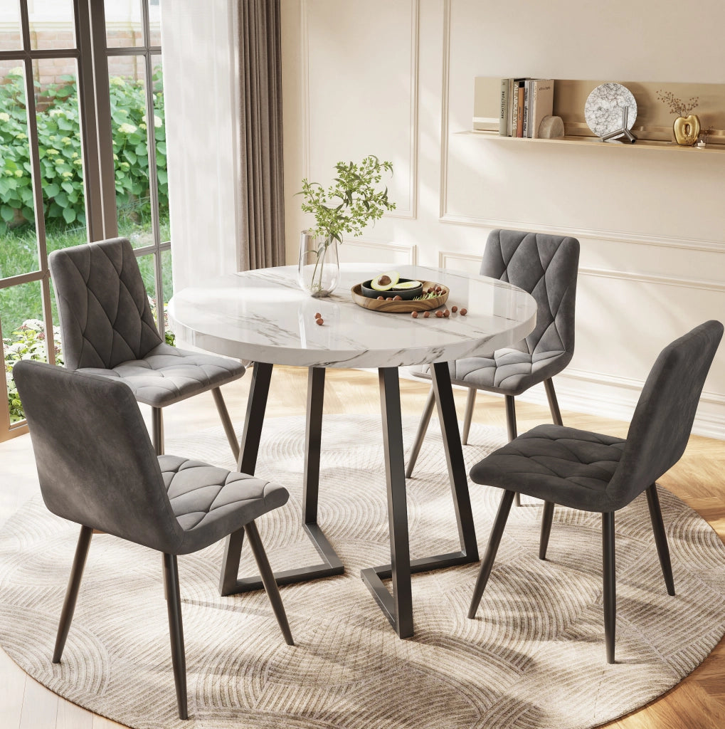 Tavolo da pranzo rotondo 80x75 cm con piano effetto marmo; gambe regolabili in MDF bianco