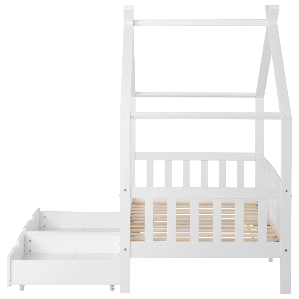 Letto a casa bianco con recinzione funzione di stoccaggio in legno massello 200x90 cm