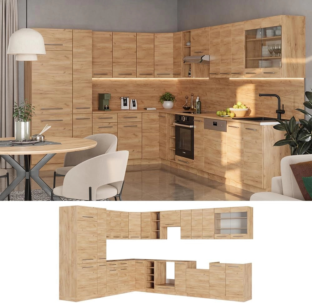 Cucina angolare completa Fame-Line, Quercia dorata, 347 x 60 cm, PL Marmo, per l'espansione personalizzata con moduli aggiuntivi compatibili