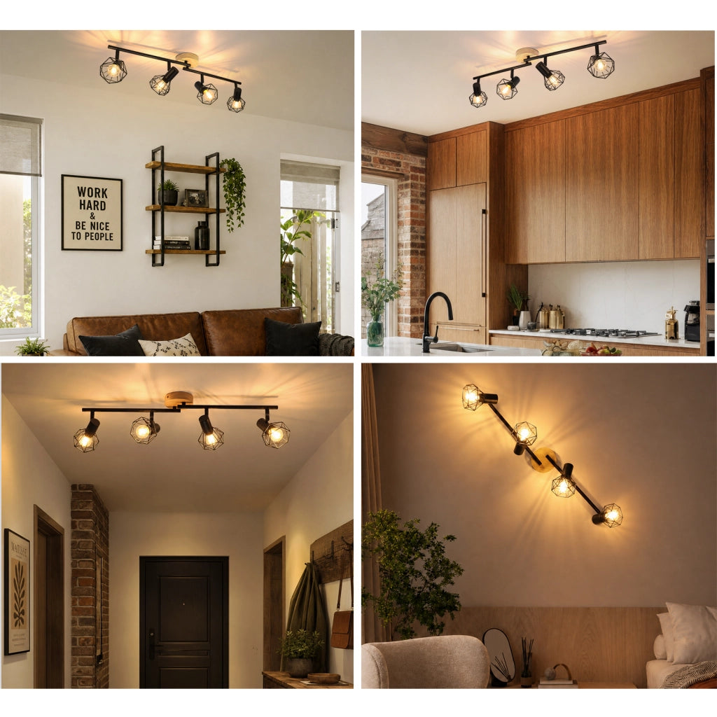 ZMH Faretto da soffitto 4 Luci Nero Legno E14 Vintage Industriale Orientabile 350¡ã per Cucina Soggiorno Senza Lampadina