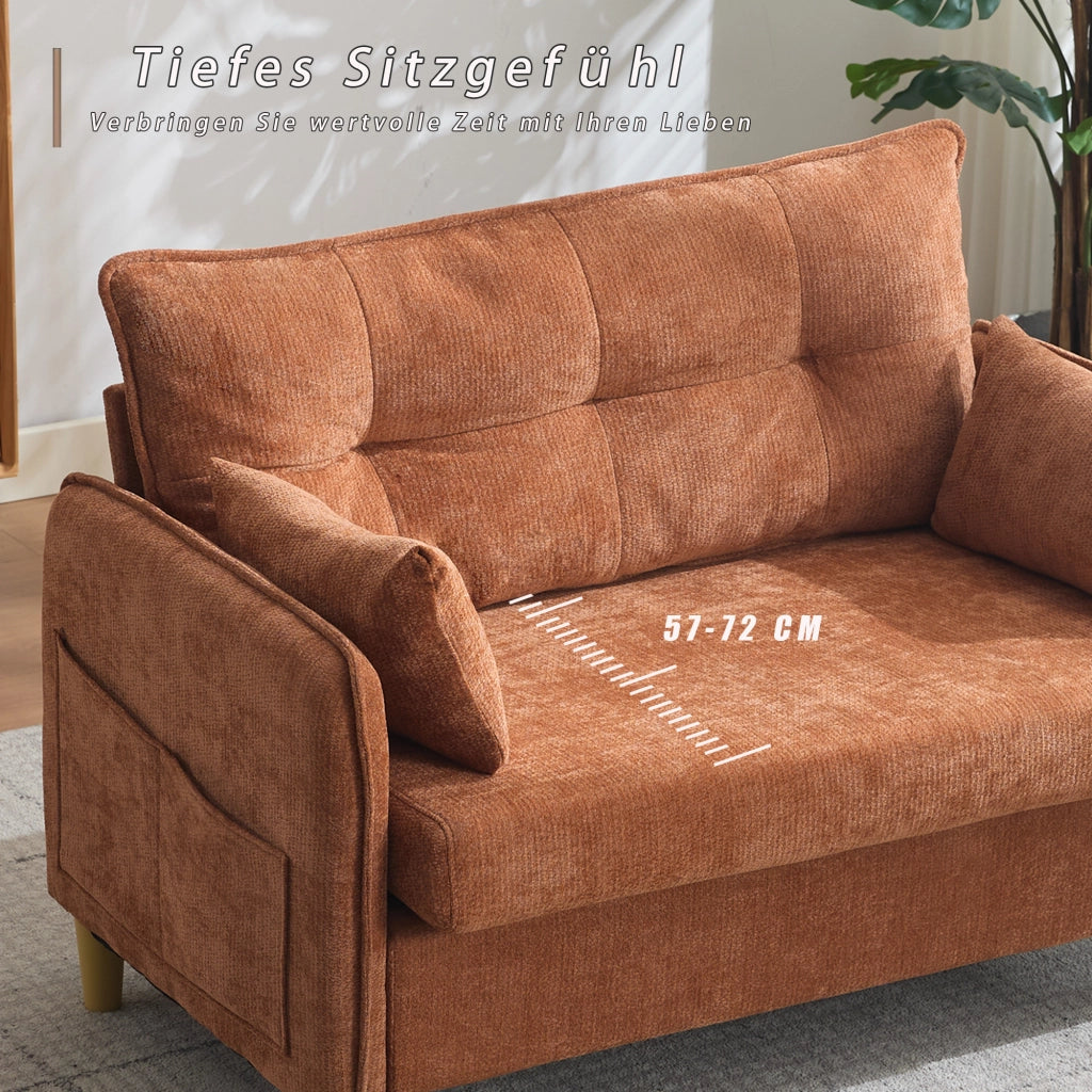 Divano a 2 posti in ciniglia con braccioli, tasche laterali e schienale ergonomico per soggiorno, marrone 127 cm