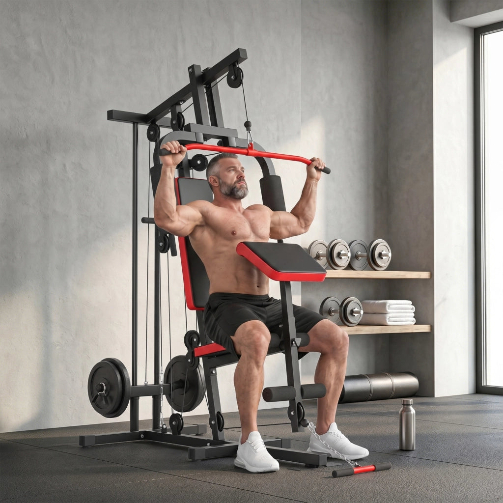 Stazione Multifunzione per Allenamento con Pesi Liberi e Panca Regolabile ¨C Xylo ¨C 136x107x205cm Nero Rosso