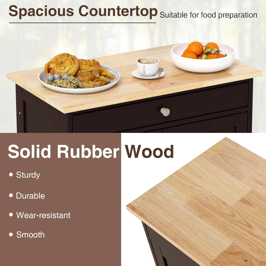 Carrello da cucina mobile con cassetto, porte e ripiani per bottiglie, isola di cucina con ruote e coperchio in legno di gomma, 67 x 37 x 86 cm, mobile di stoccaggio per sala da pranzo