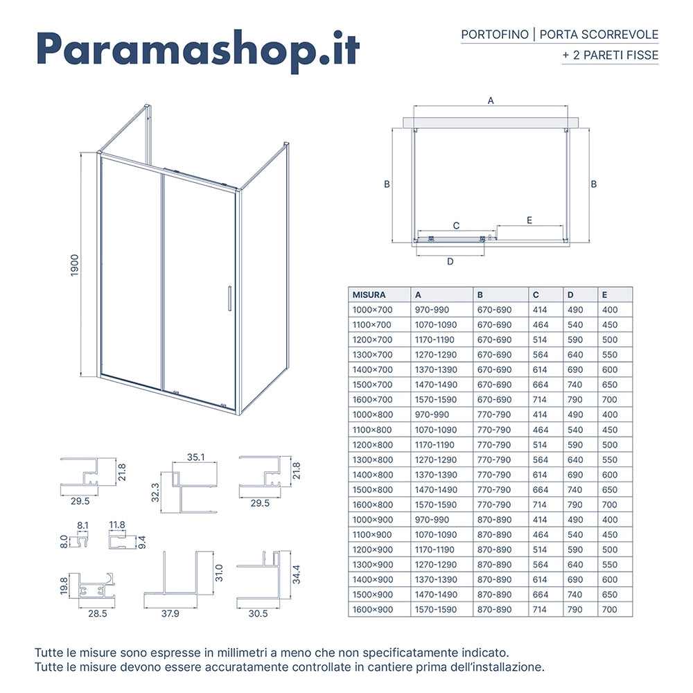 Box doccia tre lati 80x160x80cm con porta scorrevole profili nero opaco e vetro 6mm trasparente h190 | Portofino