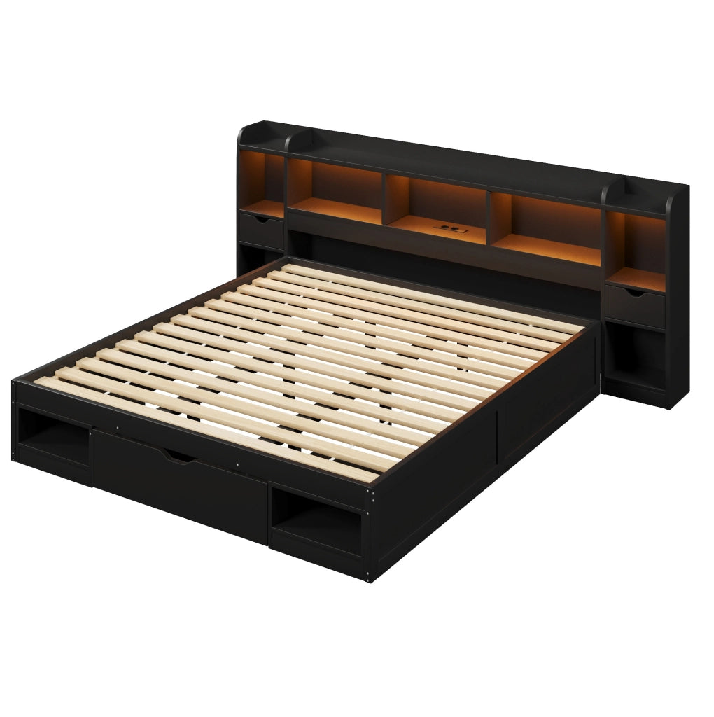 Letto contenitore 180x200 cm con LED, USB e 3 cassetti nero