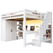 Letto a Soppalco 140x200 cm con Scrivania; Scaffali; Armadio; Scala e LED Bianco