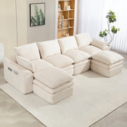 Divano modulare beige in velluto a coste con tasche laterali