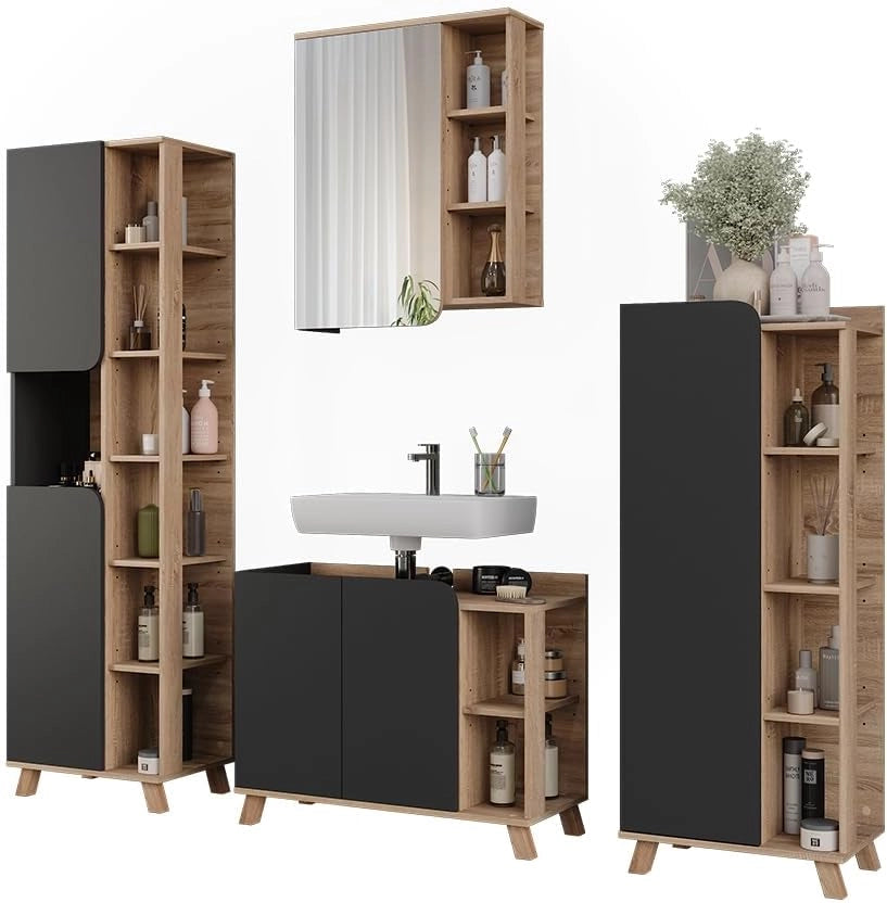 Set di mobili da bagno Karen, Sonoma/antracite, 80 cm, composto da mobile lavabo, pensile a specchio, colonna e base media