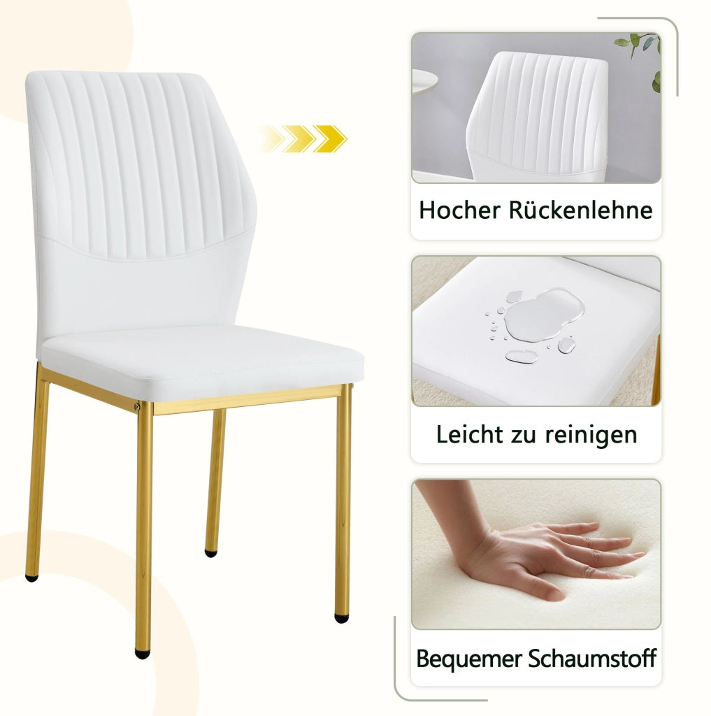 Set 4 sedie da pranzo moderne in PU bianco con gambe in metallo oro; H 93 cm