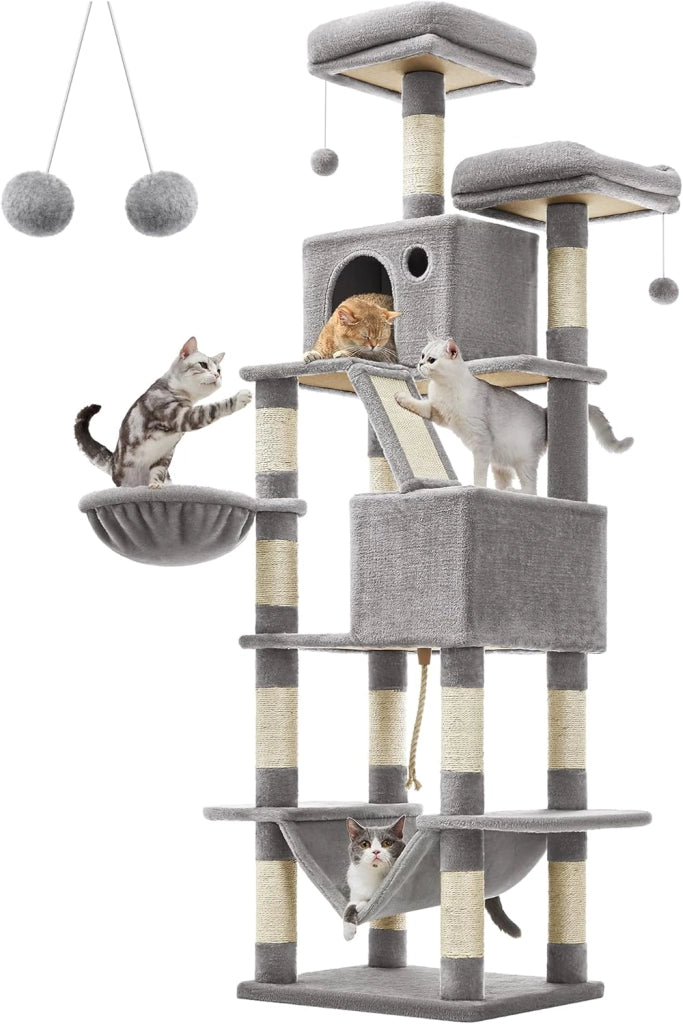 Feandrea Albero per Gatti, Alto 168 cm, Tiragraffi per Gatti con 13 Graffiatoi, 2 Posatoi, 2 Grotte, Cesto, Amaca, Pompon, in Peluche a Più Livelli per Interno, Beige PCT165M01V1