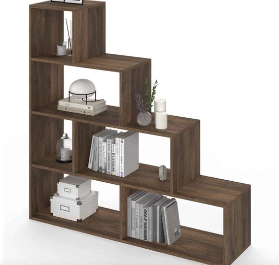 Cassa libri con 4 livelli in noce effetto 114 cm, design moderno, cassetti aperti, divisore per stanza, armadio per la camera da letto, ufficio o soggiorno