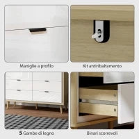Cassettiera con 6 Cassetti in Legno per Camera da Letto, 110x40x75 cm, Bianco Lucido e Rovere