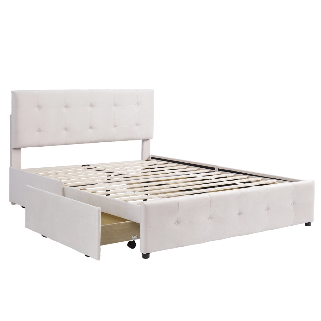 Letto Imbottito Matrimoniale con Cassetti e Rete ¨C MINIMAL ¨C Velluto Beige 140x200
