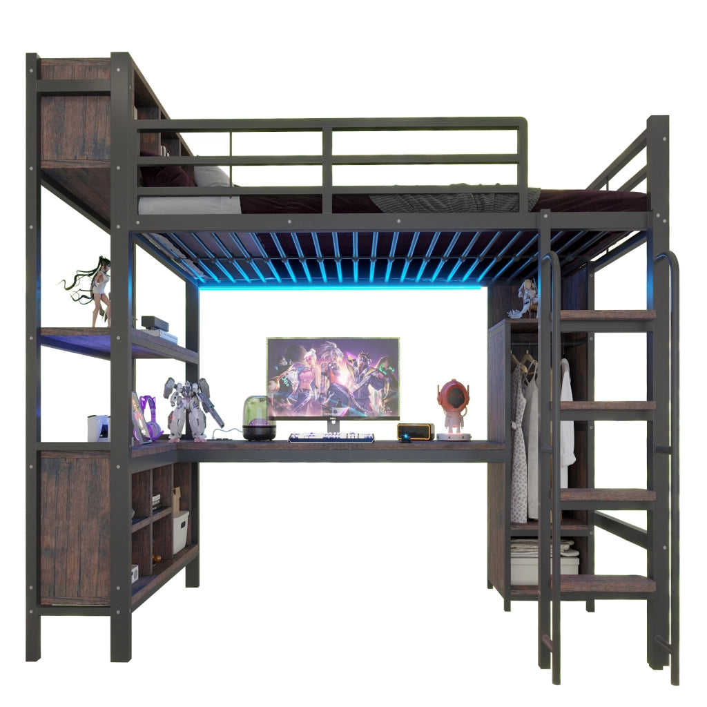 DESMIU Letto a soppalco 90 × 200 cm 1 posto con scrivania, armadio, ripiani, LED, prese, senza materasso, metallo, nero