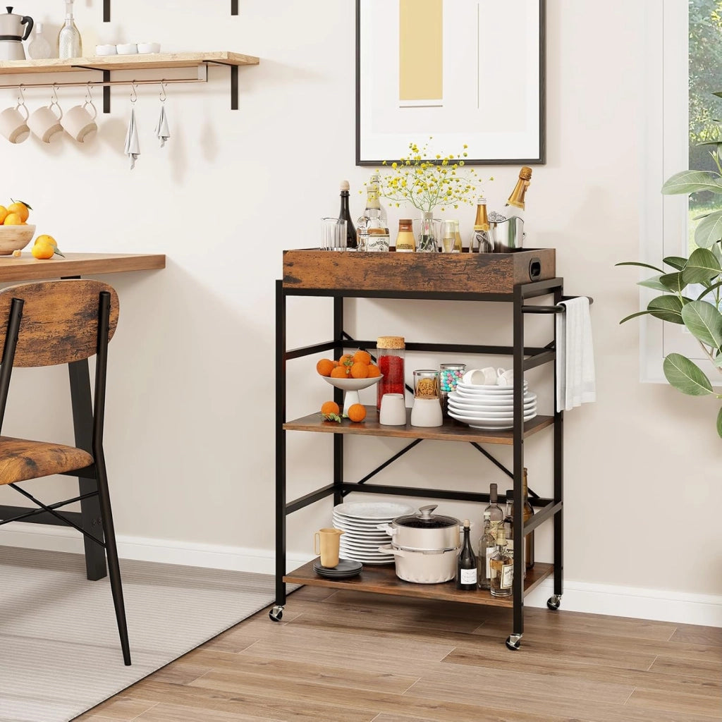 Carrello da Bar a 3 Ripiani, Carrello da Servizio Industriale con Vassoio Rimovibile, 4 Ruote Bloccabili e 1 Maniglia, Carrello da Cucina con Ruote, 73 x 40 x 94 cm