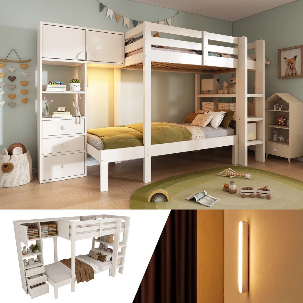 Letto a soppalco con cassetti ¨C Minimal ¨C 90x200 cm, bianco, con luce led e armadio