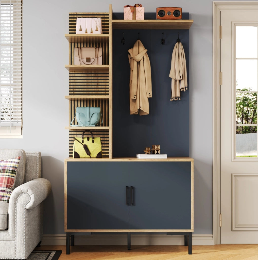 Set mobile ingresso 100x40x190;5 cm con appendiabiti e ripiani regolabili naturale e nero HOMVRA