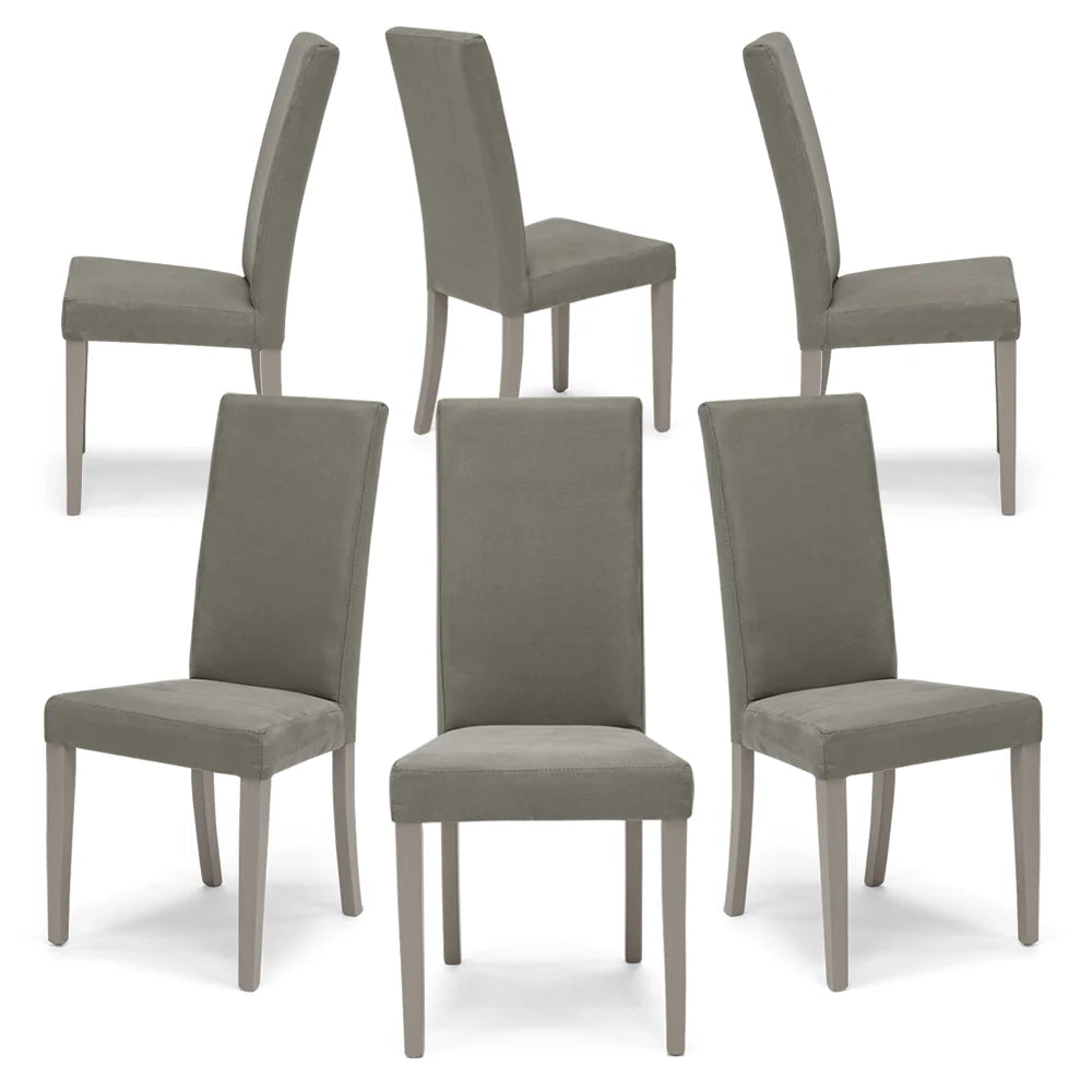 Set 6 sedie imbottite per sala da pranzo EDI NEW, 100% MADE IN ITALY, design moderno, rivestimento in tessuto idrorepellente effetto camoscio colore Grigio, gambe in legno in tinta