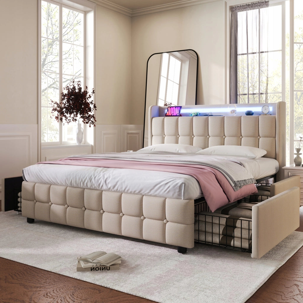Letto imbottito 160x200 - Xylo - USB, LED, 4 cassetti beige