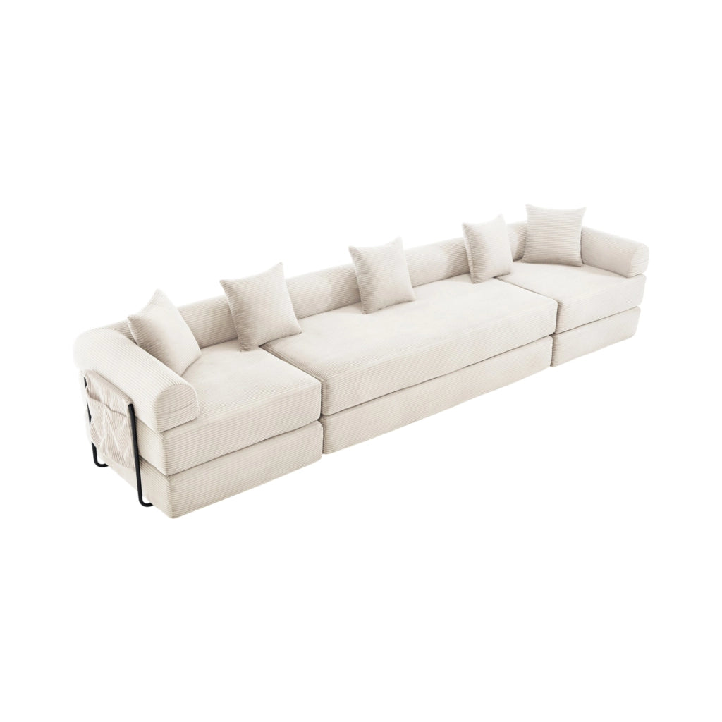Divano modulare in velluto a coste beige 270x180x64 cm con tasca laterale e funzione letto