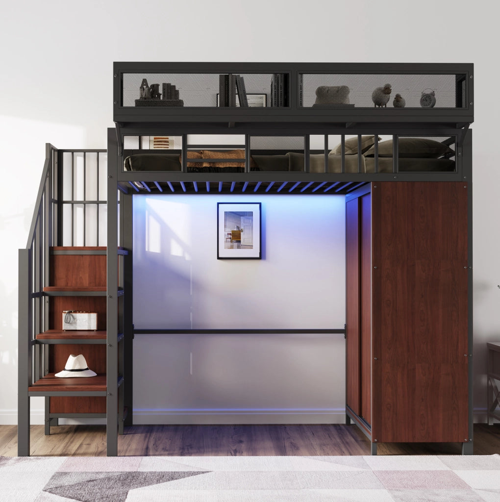 Letto a soppalco in metallo 90x200 cm con armadio; scala e LED; nero