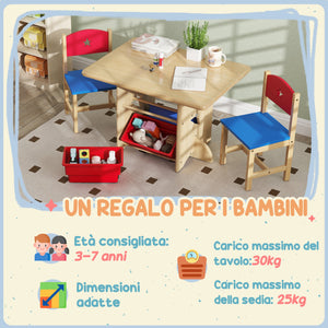 Set Tavolo e Sedie per Bambini con 4 Contenitori per Giochi in Legno e PP