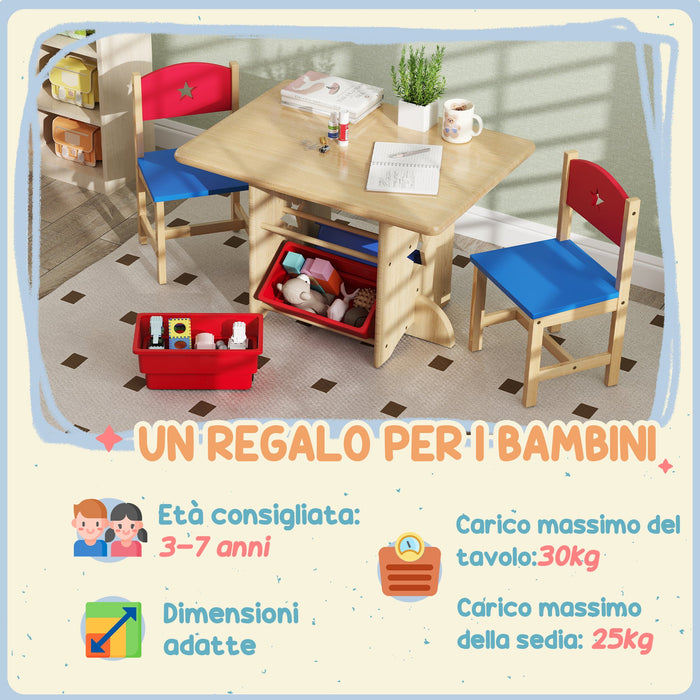 Set Tavolo e Sedie per Bambini con 4 Contenitori per Giochi in Legno e PP