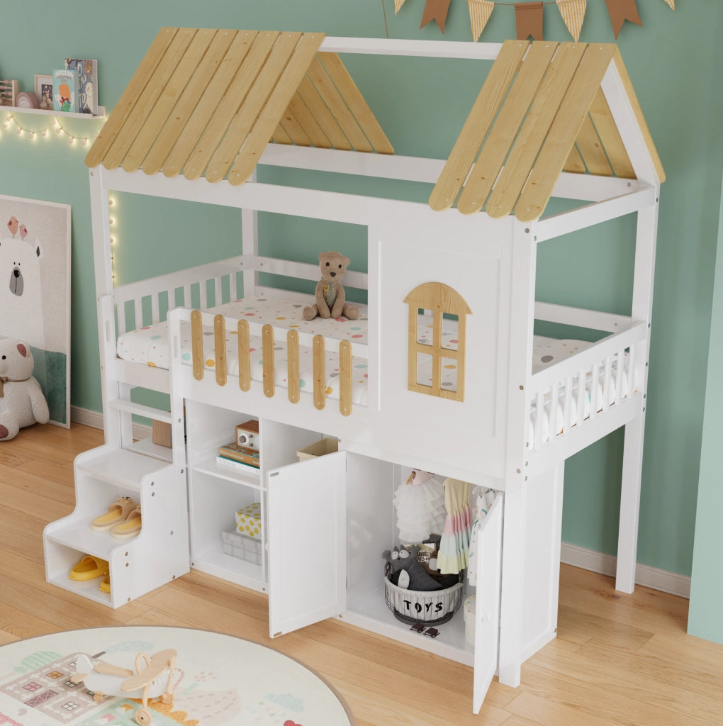 Letto a soppalco per bambini 90x200 cm con armadio