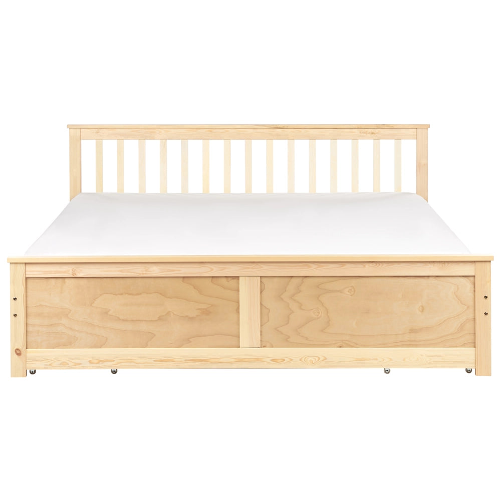 Letto matrimoniale Legno di Pino chiaro con Rete a Doghe con 4 cassetti 180 x 200 cm Testiera a doghe minimalista