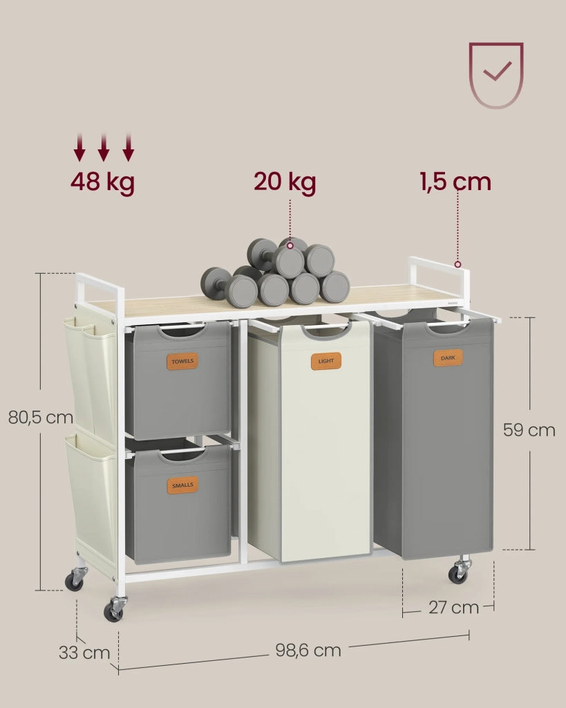 Cesto portabiancheria con 4 scomparti capacità 150 litri cestino con ruote carrello con ripiani borsa tasche laterali 6 etichette beige 12_0006659