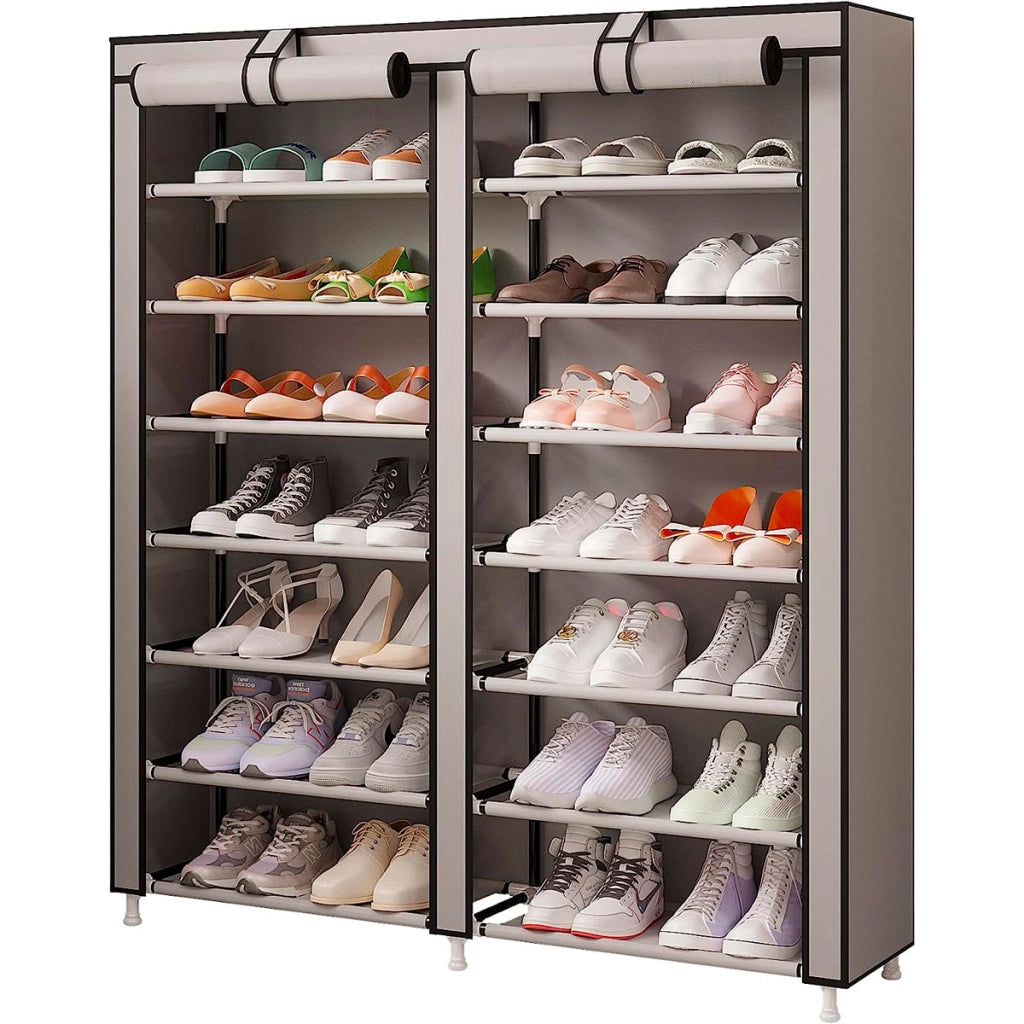 Scarpiera Tessuto per Scarpe con 2 Ante con Cerniera 125x92x28,5cm, 28 paia. Beige