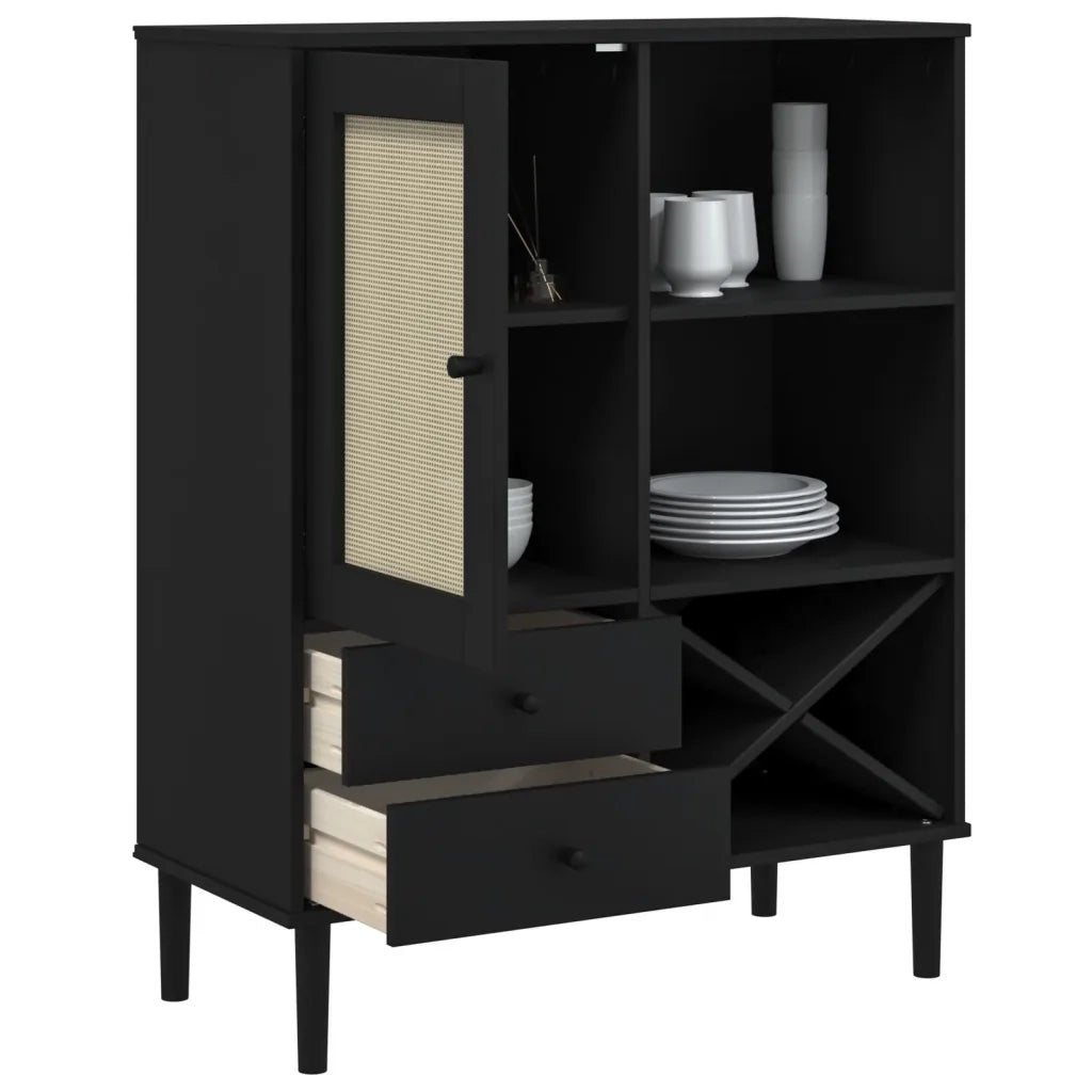 Credenza SENJA Aspetto Rattan Nero 90x40x112 cm Massello Pino 358054