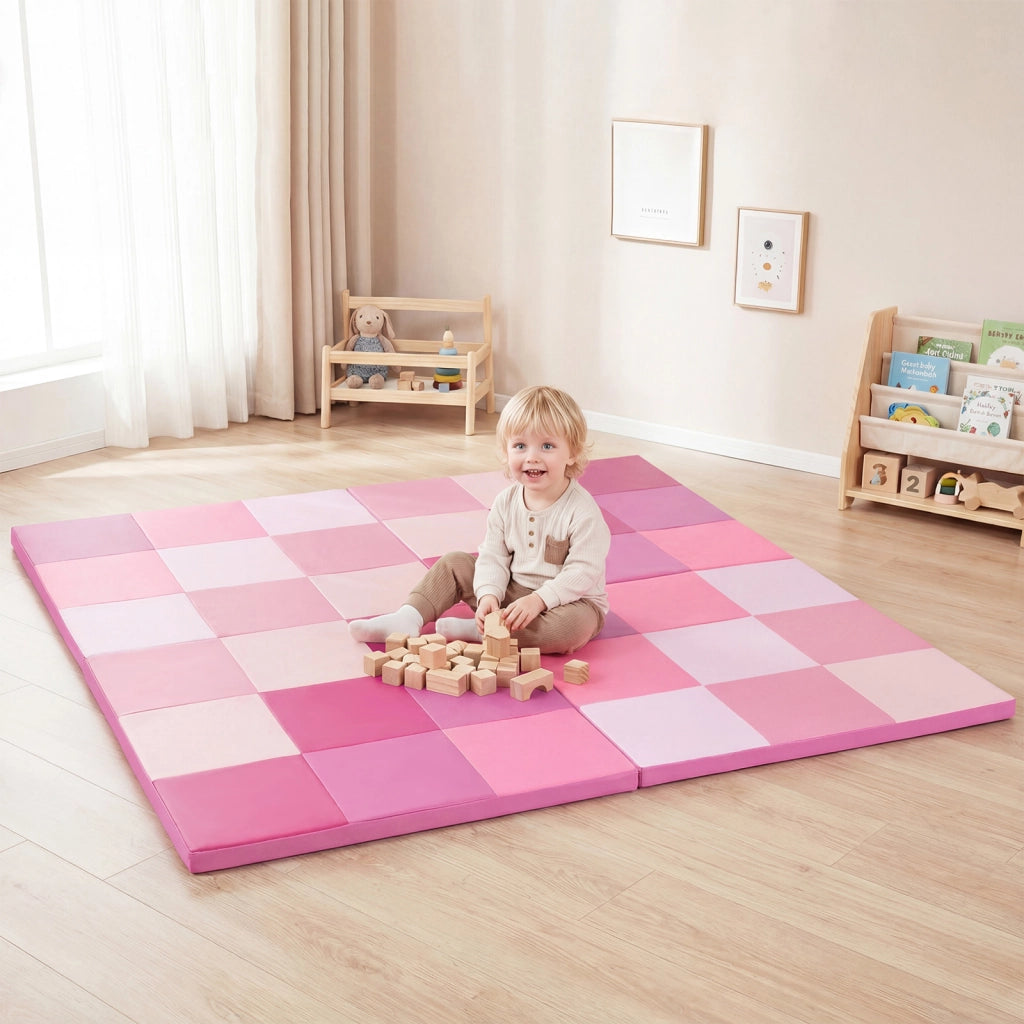 Tappetino attivit¨¤ patchwork per bambini pieghevole impermeabile, Tappetini da gioco set 2 pz 144x144cm Rosa