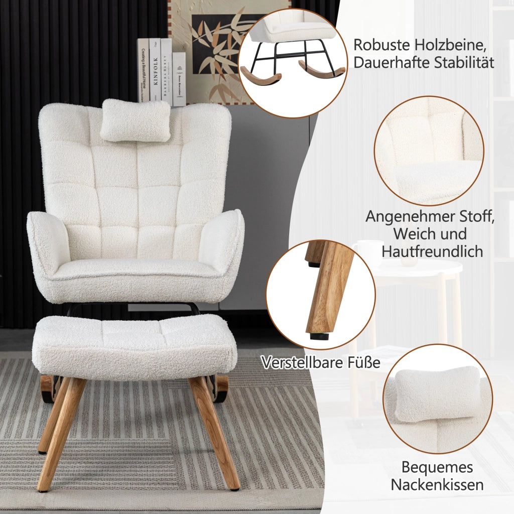 Sedia a dondolo con poggiapiedi e cuscino; struttura in legno; bianco