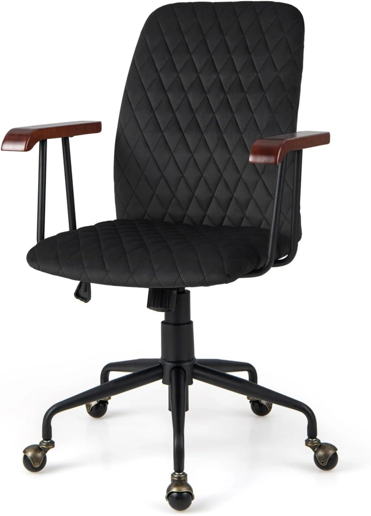Sedia Girevole in Velluto, Sedia da Ufficio con Altezza Regolabile e Schienale, con Braccioli in Gomma e Ruote in Rame, Carico Massimo 150 kg (Nero)