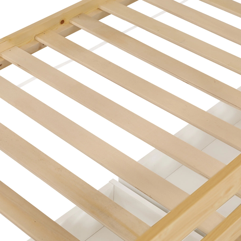 Letto a castello 90x200 cm con cassetti e scala di sicurezza in legno e MDF bianco e naturale