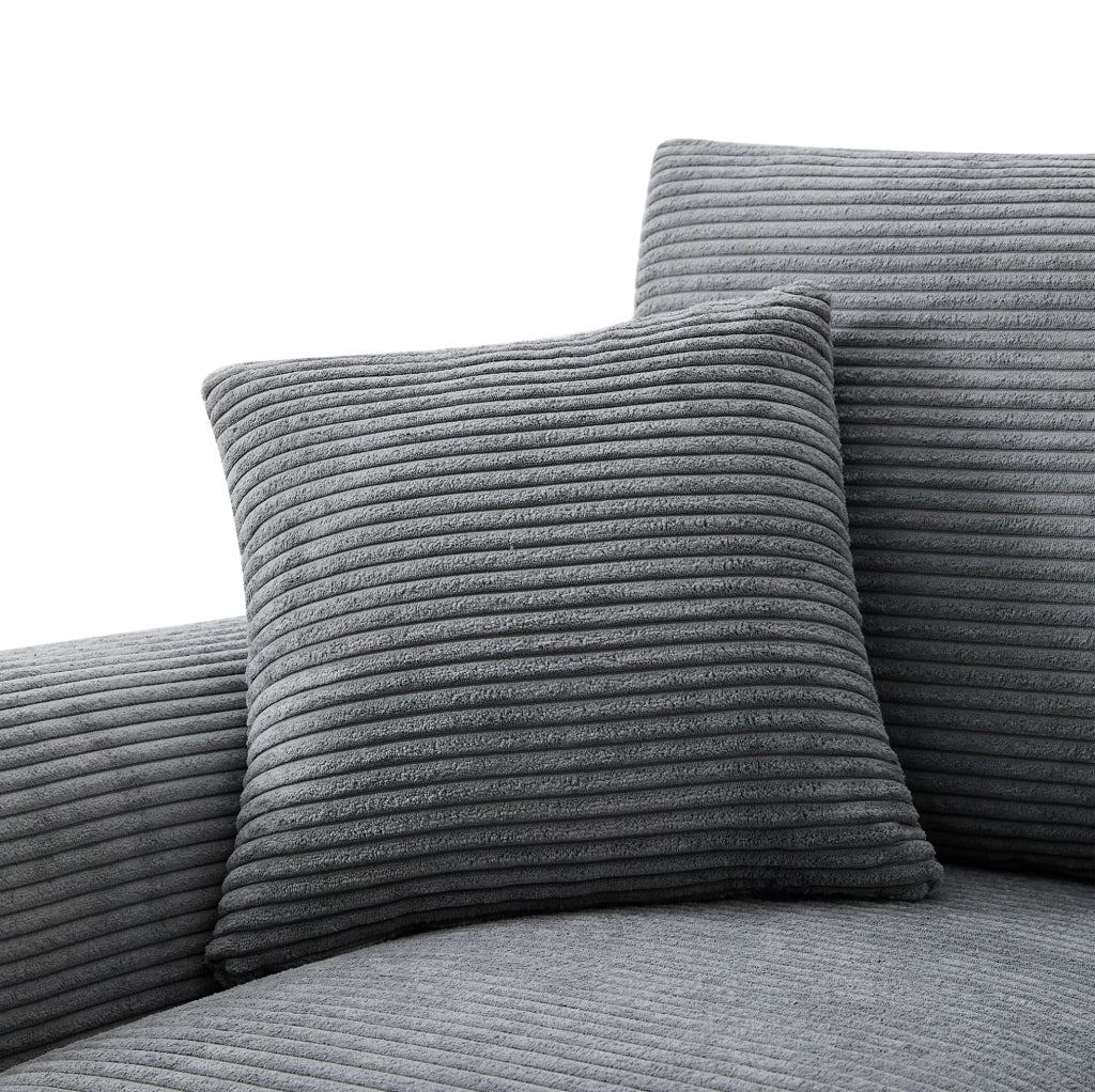 Divano angolare modulare 4 posti in velluto a coste grigio con pouf; console; USB e portabicchieri