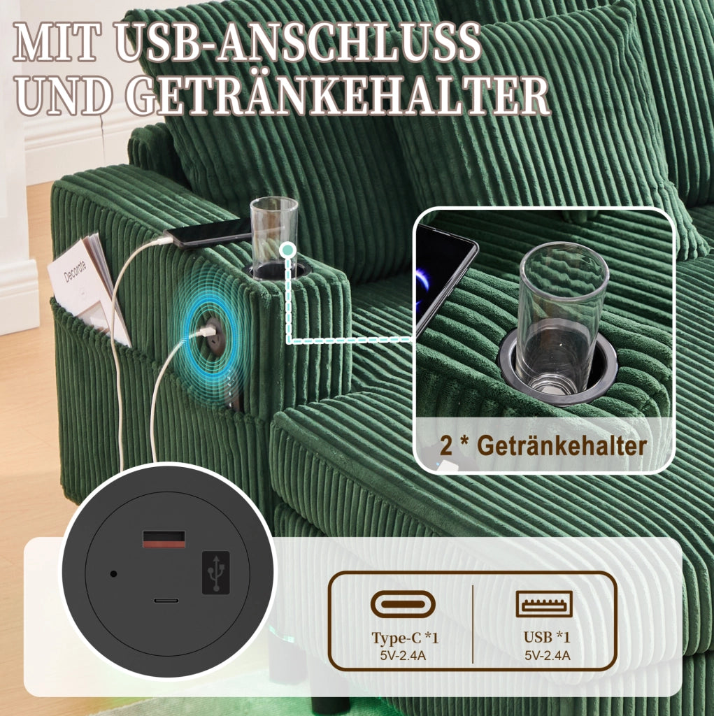 Poltrona relax extra large con LED; USB e porta bicchiere 142x128x85 cm in velluto a coste verde smeraldo
