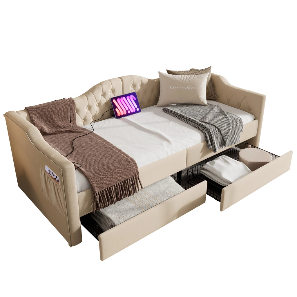 Letto daybed imbottito con USB e Type C; 2 cassetti; 90x200 cm; velluto beige