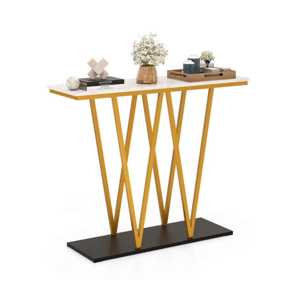 Tavolino d'ingresso con contenitore 100 x 30 x 79 cm superficie effetto marmo tocco contemporaneo finitura bianco e oro 20_0013894