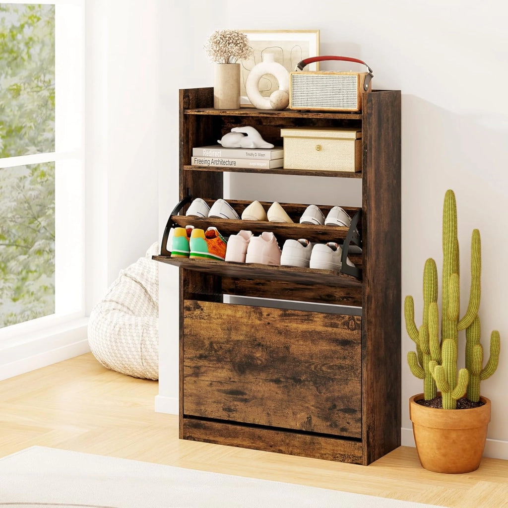 Scarpiera Slim in Legno, Portascarpe a 4 Livelli con 2 Cassetti a Ribalta, con Ripiano Aperto, Mobile Porta Scarpe per Ingresso Corridoio, 60x24x102 cm (Marrone)