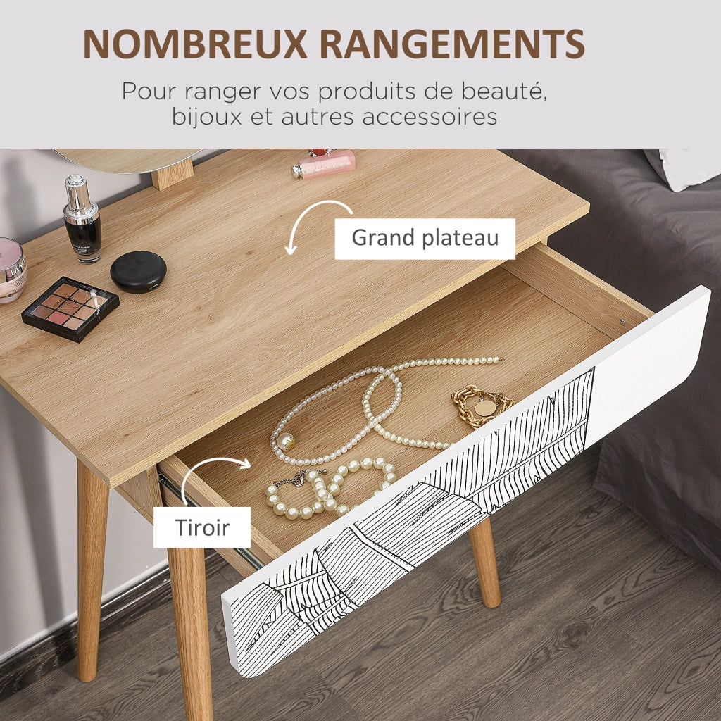 Tavolo Trucco Design Scandinavo con Cassetto e Specchio Grande ¨C zephmum ¨C 70x39x119-128 cm