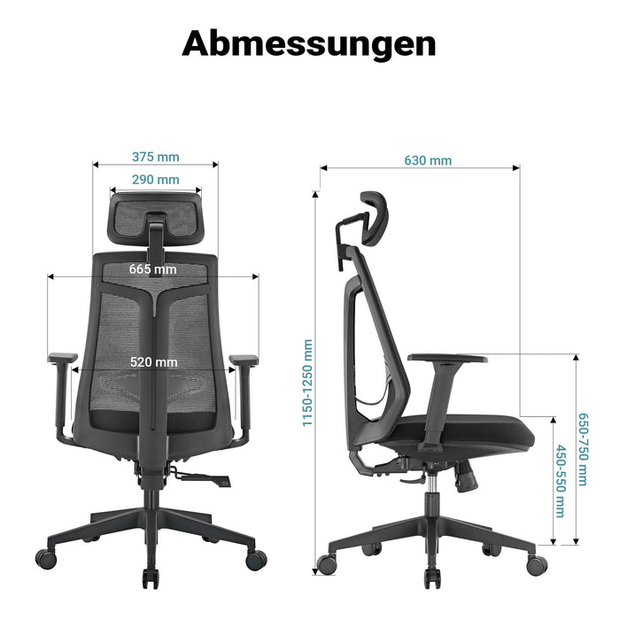 Sedia da ufficio ergonomica con regolazione in altezza e profondità, poggiatesta e braccioli regolabili, con supporto lombare, max 150 kg