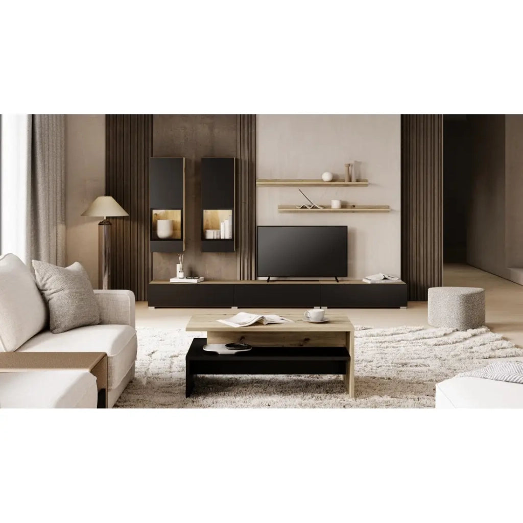 Set mobili da soggiorno RAMOS – Rovere e nero super opaco – LED multicolori integrati