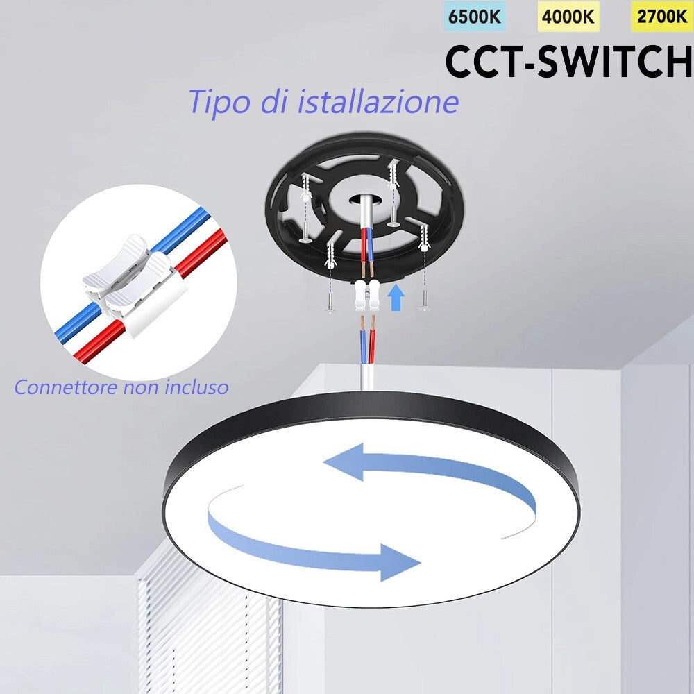 Trade Shop - Plafoniera A Led Slim 45 W Ip40 Con Tecnologia Cct Da 6500k A 2700k Con Switch Lv600-3c - Nero