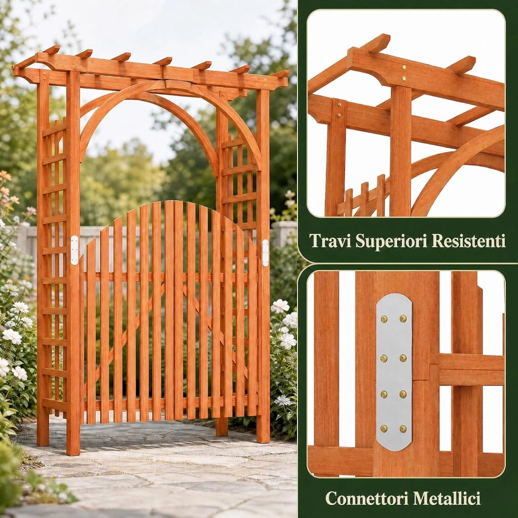 Arco da Giardino in Legno Abete, Pergola per Piante Rampicanti | con Cancello e Serratura, Pergolato Decorativo da Esterno per Matrimonio, Cerimonia e Festa, 161 x 60 x 216 cm